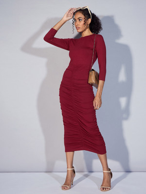 SASSAFRAS Women Bodycon Maroon Below Knee Dress