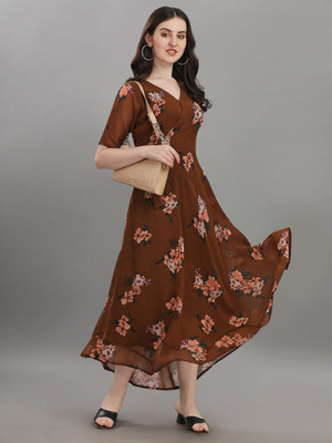 Fashion2wear Women A-line Brown Midi/Calf Length Dress