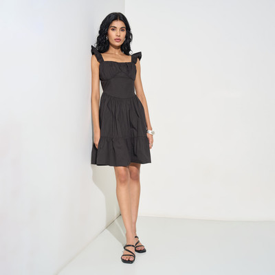 PEOPLE Women A-line Black Above Knee/Mid Thigh Length Dress