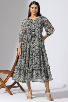 mustard Women Maxi Black, White Midi/Calf Length Dress