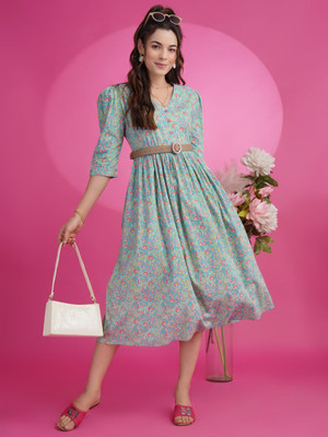 Youthnic Women Fit and Flare Blue Midi/Calf Length Dress