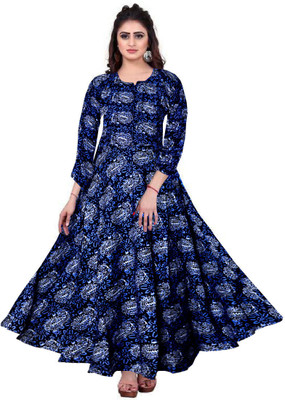 Khushi Print Women Fit and Flare Blue, White, Dark Blue Maxi/Full Length Dress