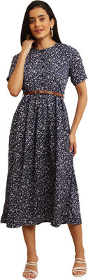 Mamnoon Women Fit and Flare Dark Blue, White Midi/Calf Length Dress