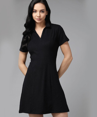 Christy World Women A-line Black Above Knee/Mid Thigh Length Dress