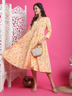 Rajnandini Women A-line Beige, Orange Midi/Calf Length Dress
