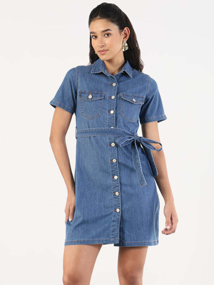 SHOWOFFFF Women A-line Blue Above Knee/Mid Thigh Length Dress