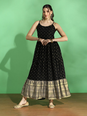 Globus Women Fit and Flare Black, Gold Maxi/Full Length Dress
