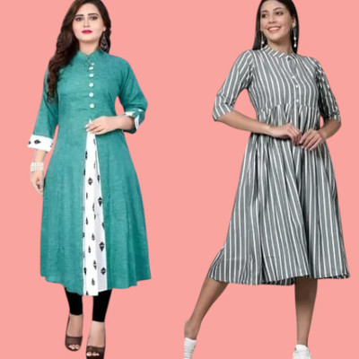 Texpamz Women Striped A-line Kurta(Green, Grey)