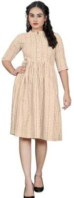 Rangrasiyt Women A-line Beige Knee Length Dress