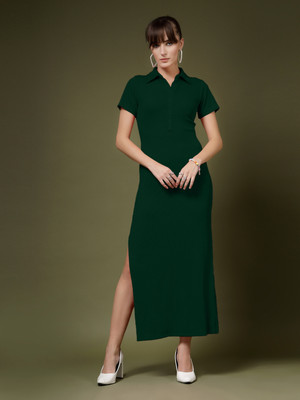 Oomph! Women Bodycon Dark Green Midi/Calf Length Dress