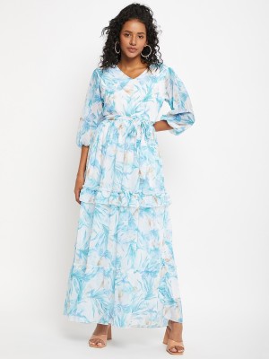 BITTERLIME Women Fit and Flare Light Blue, White, Brown Dress