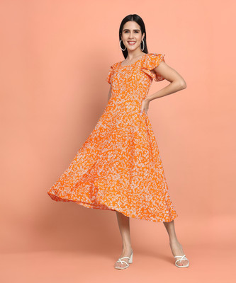Maheshvi Women Fit and Flare Orange, White, Pink Midi/Calf Length Dress