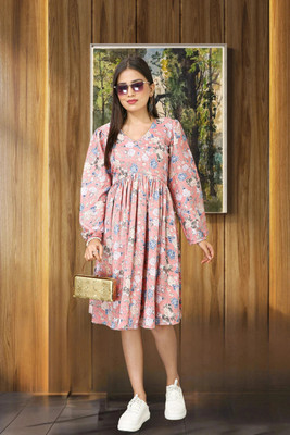 HOC's Women Fit and Flare Pink Knee Length Dress