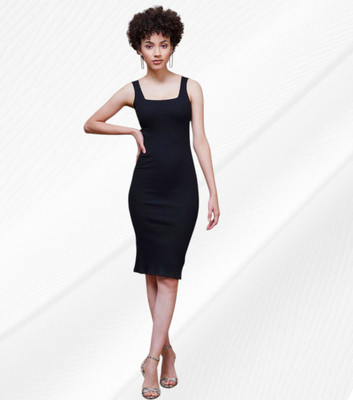 Funtos Women Bodycon Black Above Knee/Mid Thigh Length Dress
