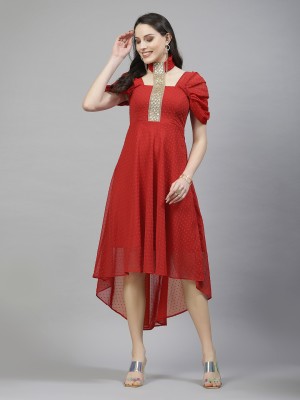 AAYU Women Asymmetric Red, Gold Dress