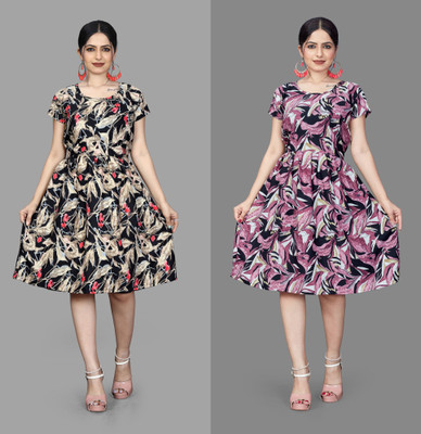 Madhave Women Fit and Flare Multicolor Knee Length Dress