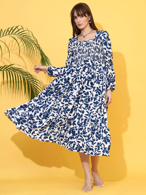 Seek By Sheetal Women Fit and Flare Blue, White Below Knee Dress