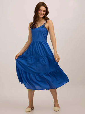 OUTZIDR Women Fit and Flare Blue Ankle Length Dress