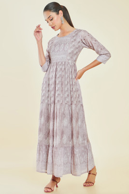 soch Women Fit and Flare Grey, White, Brown Midi/Calf Length Dress