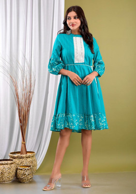 PK HUB Women Fit and Flare Blue Above Knee/Mid Thigh Length Dress