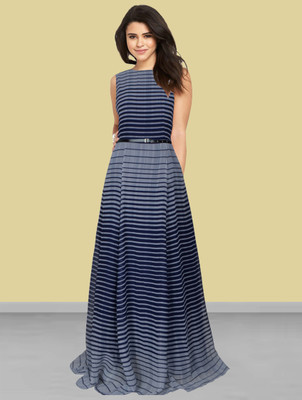 Kashonaa Women Gown Blue, Grey Maxi/Full Length Dress