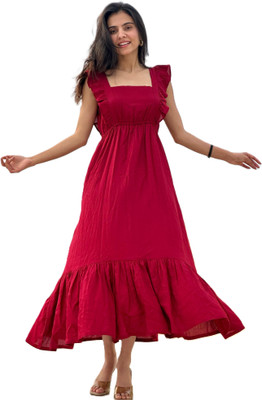 Bellaastitch Women Fit and Flare Red Midi/Calf Length Dress