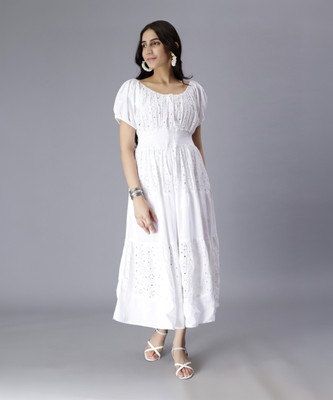 CHERIMODA Women Fit and Flare White Midi/Calf Length Dress