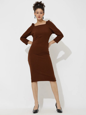 Dwarros Women Bodycon Maroon Below Knee Dress