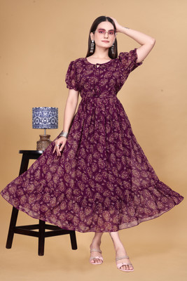 HouseOfCommon Women Ethnic Dress Maroon Knee Length Dress
