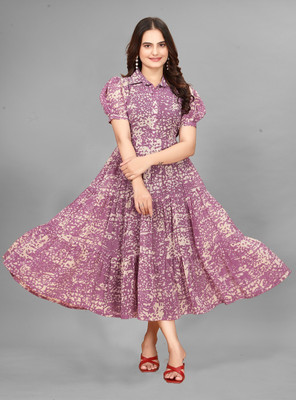 RIDDHI TEXTILES Women Fit and Flare Pink Maxi/Full Length Dress