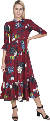 SHASHVI Women Fit and Flare Maroon Maxi/Full Length Dress