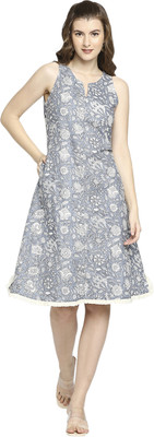 Autum Hues Women A-line Blue Knee Length Dress