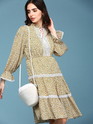 SHOWOFFFF Women Fit and Flare Yellow Above Knee/Mid Thigh Length Dress