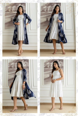 NG CREATION Women Fit and Flare White, Dark Blue Midi/Calf Length Dress