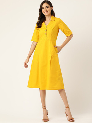 BRINNS Women Fit and Flare Yellow Below Knee Dress