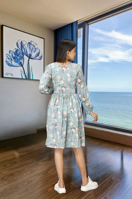 HOC's Women Empire Waist Light Blue Knee Length Dress
