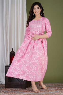 GUNINI Women Fit and Flare White, Pink Midi/Calf Length Dress