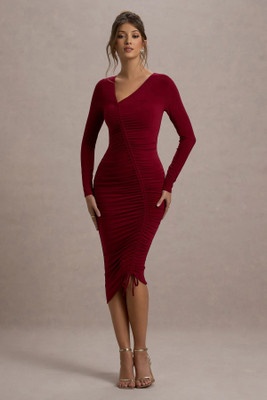 HouseOfCommon Women Bodycon Maroon Midi/Calf Length Dress