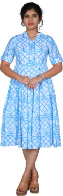 S3 Fashions Women A-line Blue, White Dress