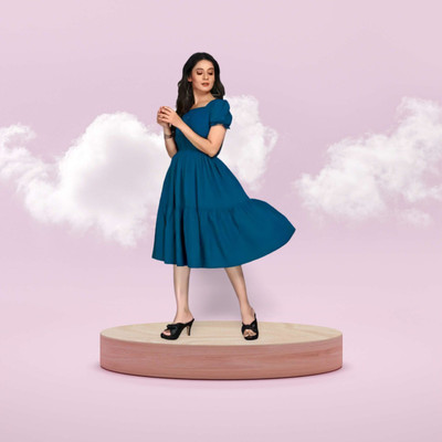 HouseOfCommon Women Fit and Flare Blue Below Knee Dress