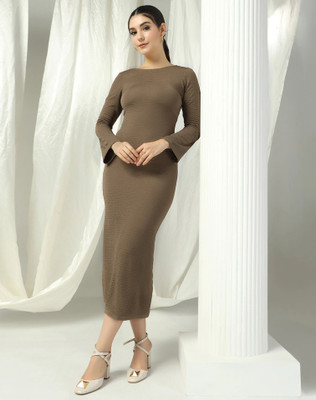 Selvia Women Bodycon Brown Midi/Calf Length Dress