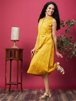 Globus Women A-line Yellow, White, Orange Midi/Calf Length Dress