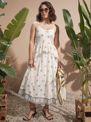 Vishudh Women Fit and Flare White Midi/Calf Length Dress