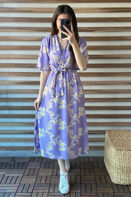 MANOJAVA Women Fit and Flare Purple Below Knee Dress