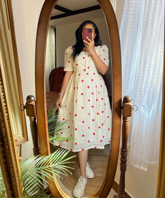 MUHANA Women A-line White Midi/Calf Length Dress