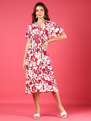 V-MART Women A-line Red Below Knee Dress