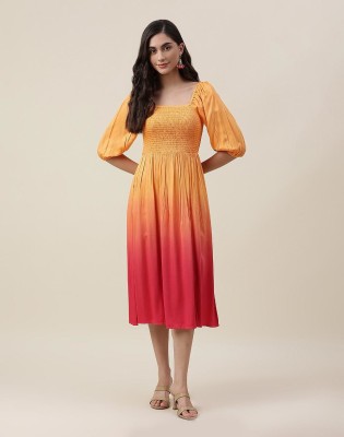 Fabindia Women A-line Pink, Yellow Dress