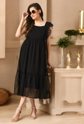 HouseOfCommon Women Fit and Flare Black Midi/Calf Length Dress