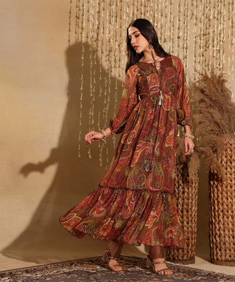 Miss Chase Women Tiered Brown Maxi/Full Length Dress