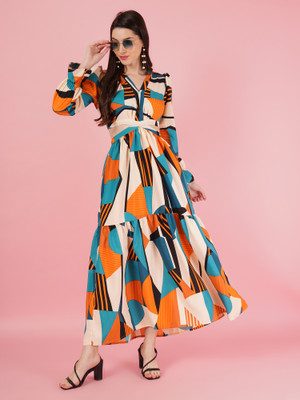 ZWERLON Women Fit and Flare Multicolor Maxi/Full Length Dress